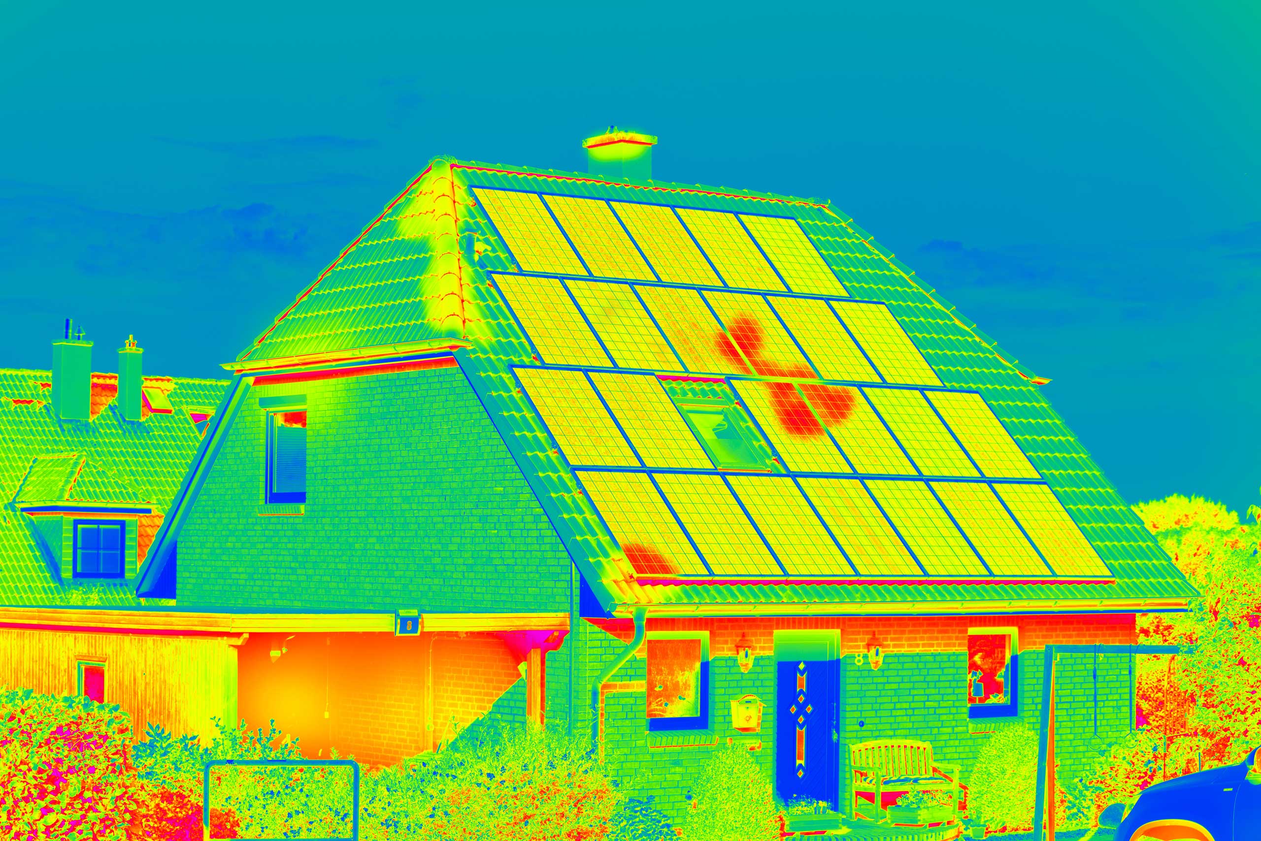 Wärmebild eines Privathauses mit Solarmodulen, das Probleme wie Brandherde und Leistungsverluste aufzeigt